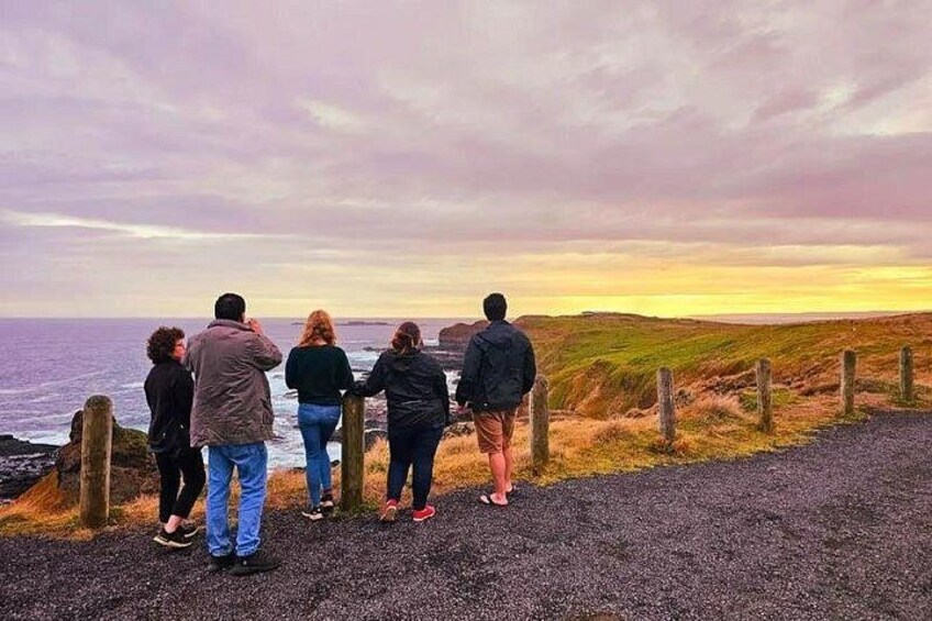 A group of people standing on a gravel path by the sea, overlooking a coastal landscape with grassy hills and a fence. 5