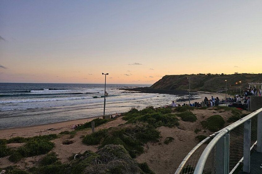 A beach with people, a fence, and a hill in the background. 2