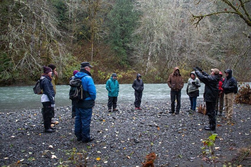 A group of people standing by a river in a forested area. 2