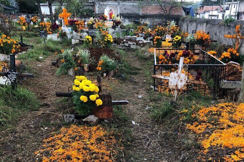 traditional cemetery decorations for Day of the Dead on the island of Yunuen