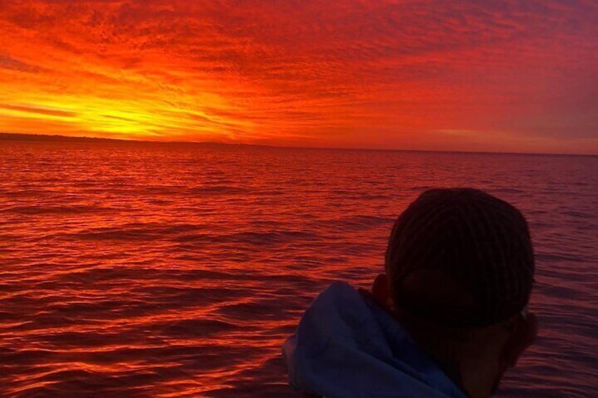 A person facing a sunset over the ocean. 2