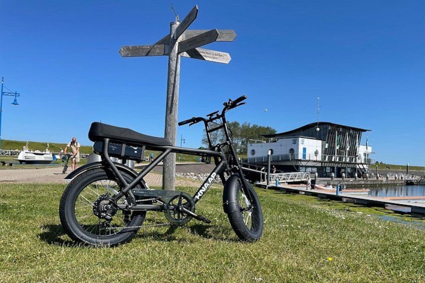 A black electric bike parked on grass near a wooden signpost and a building by a water body. 2