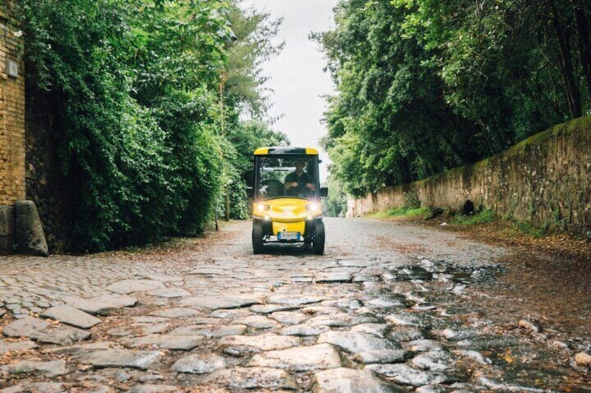 En gul bus kører ned ad en brostensbelagt vej omgivet af frodig vegetation. 1