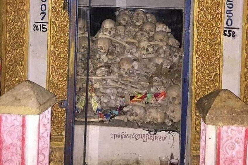 A tomb with numerous skulls and a glass enclosure. 3