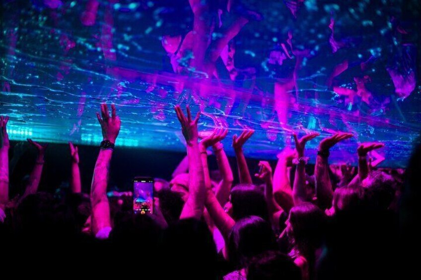 A crowd at a concert with raised hands and colorful stage lighting. 5