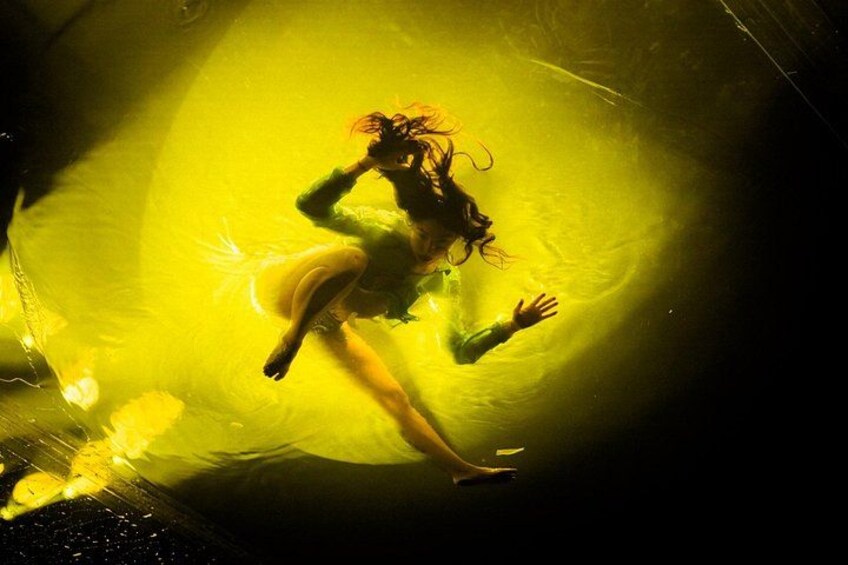 A person in a flowing dress, seemingly in motion, with a bright yellow light source behind them. 4