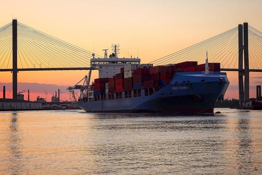 Un carguero con contenedores, un puente y un atardecer. 5