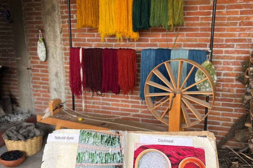A spinning wheel, natural dyes, and yarns hanging on a brick wall. 4