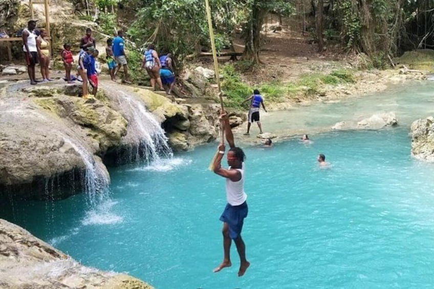 A person jumping into a clear blue pool surrounded by rocks and trees. 3