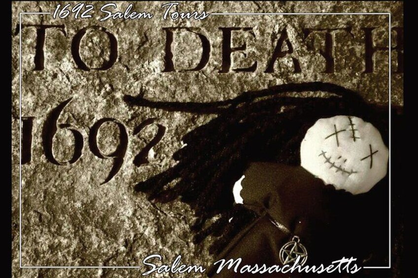 A gravestone with the inscription '1692 Salem Tours TO DEATH 1692' and the location 'Salem Massachusetts' mentioned below. 2