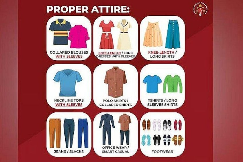 Diversos artículos de ropa clasificados como vestimenta adecuada, incluyendo blusas con cuello, vestidos, camisas y calzado. 2