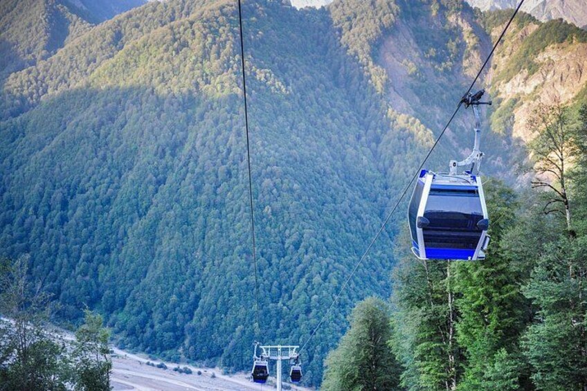 Eine Seilbahn fährt einen Berg hinauf, umgeben von dichtem Wald. 4