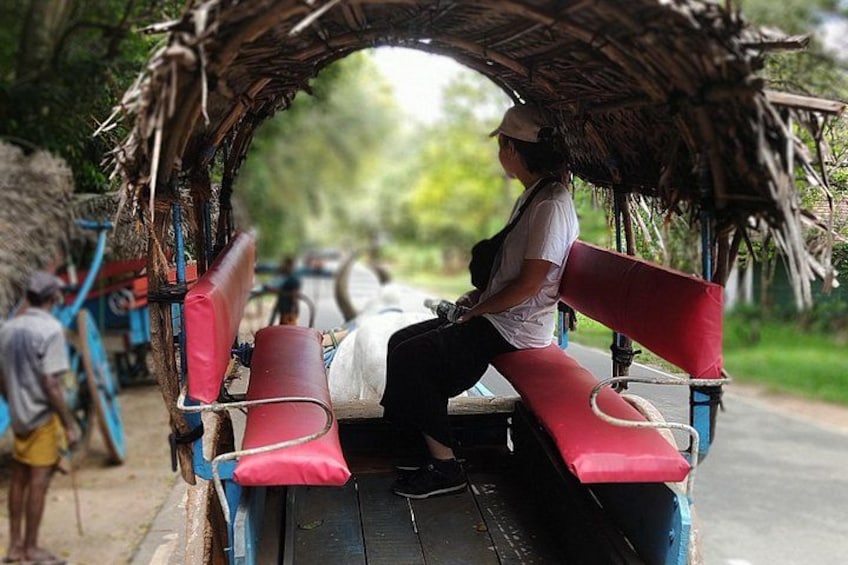A person sitting on a wooden bench with red cushions under a thatched roof. 4