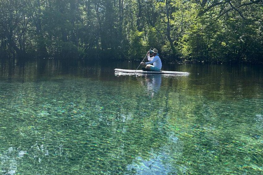 A person paddling a boat on a clear water body surrounded by trees. 2