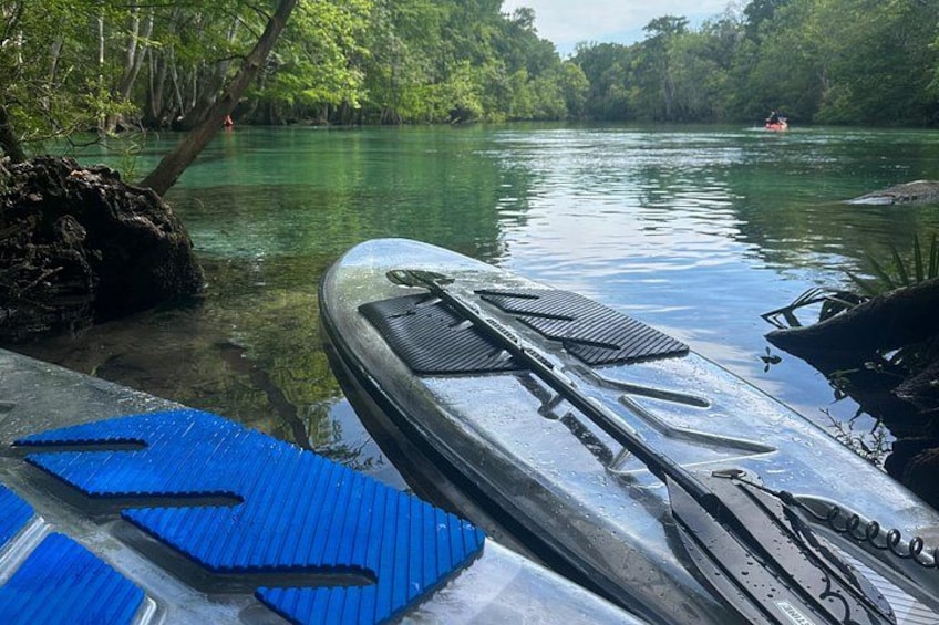 A boat docked at a calm river surrounded by dense forest. 2