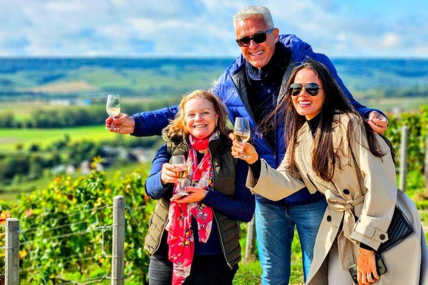 A group of people toasting with wine glasses in a vineyard. 5