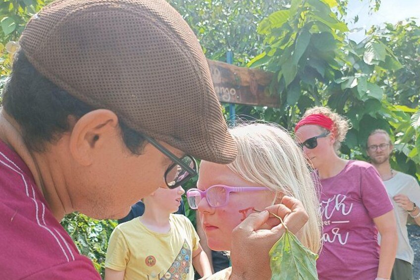 Una persona con sombrero marrón y camisa rosa, sosteniendo una hoja verde. 5