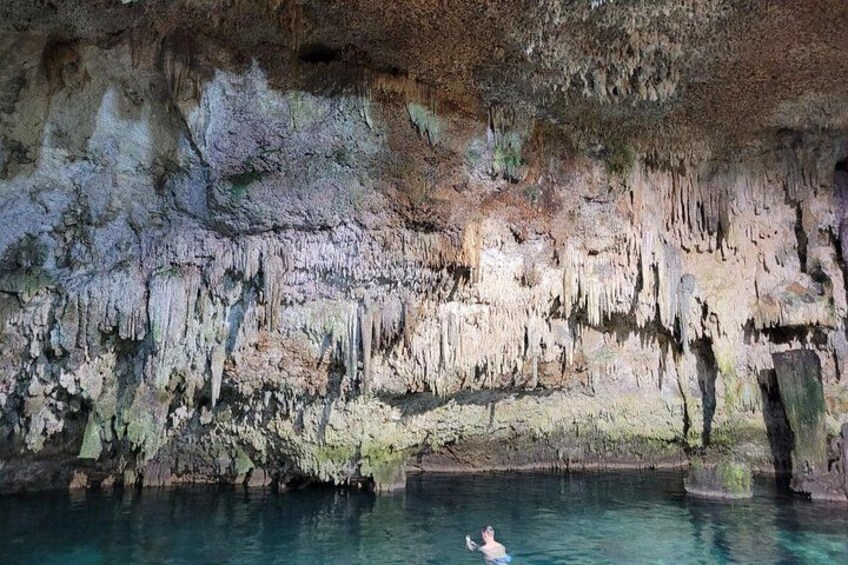 A cave with stalactites and stalagmites, a person swimming in the water, and a rocky shoreline. 3