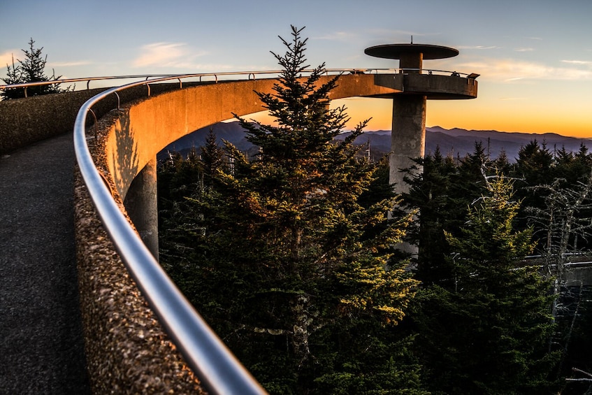 A curved concrete bridge with a central tower, surrounded by dense forest and mountains in the background. 1