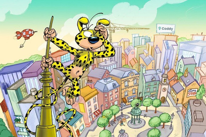 A cartoon character climbing a pole in a cityscape with buildings, trees, and a sign that says 'Cuddy'. 5