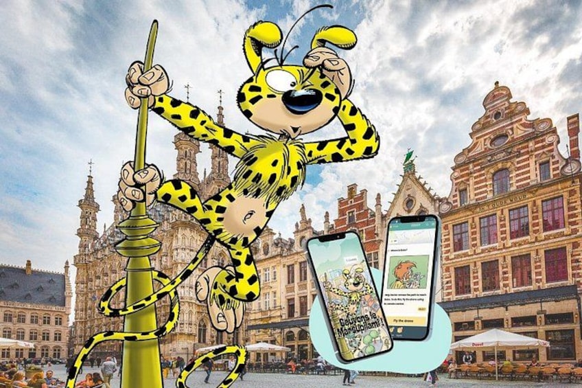 A cartoon character in a yellow and black outfit, a historic building, and a smartphone displaying a game. 1