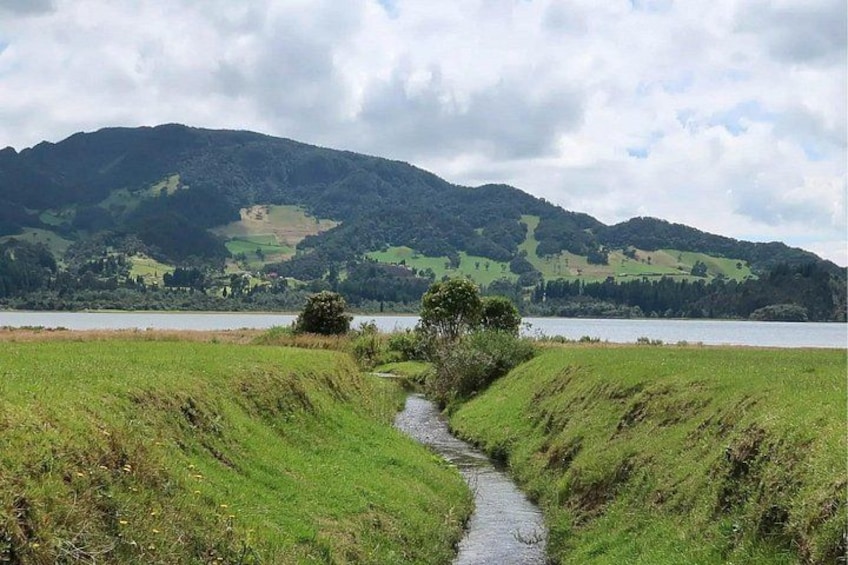 Un étroit canal, des berges verdoyantes, un arbre isolé et une chaîne de montagnes en arrière-plan. 2