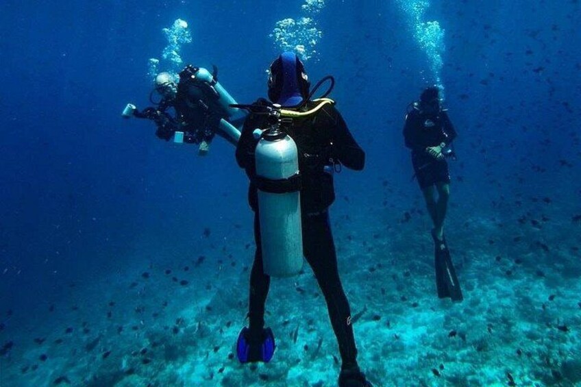 Two scuba divers underwater with fins and tanks. 4