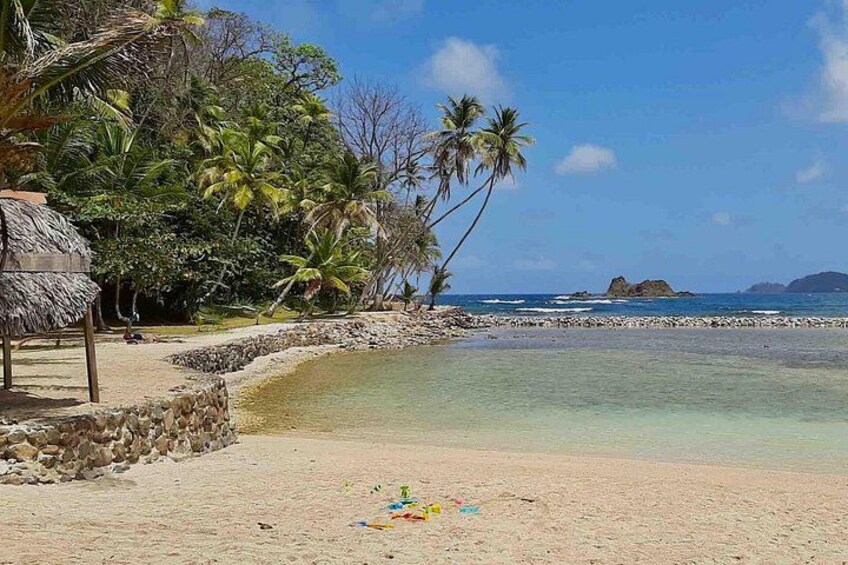 A tropical beach with clear water, palm trees, and a thatched hut. 2
