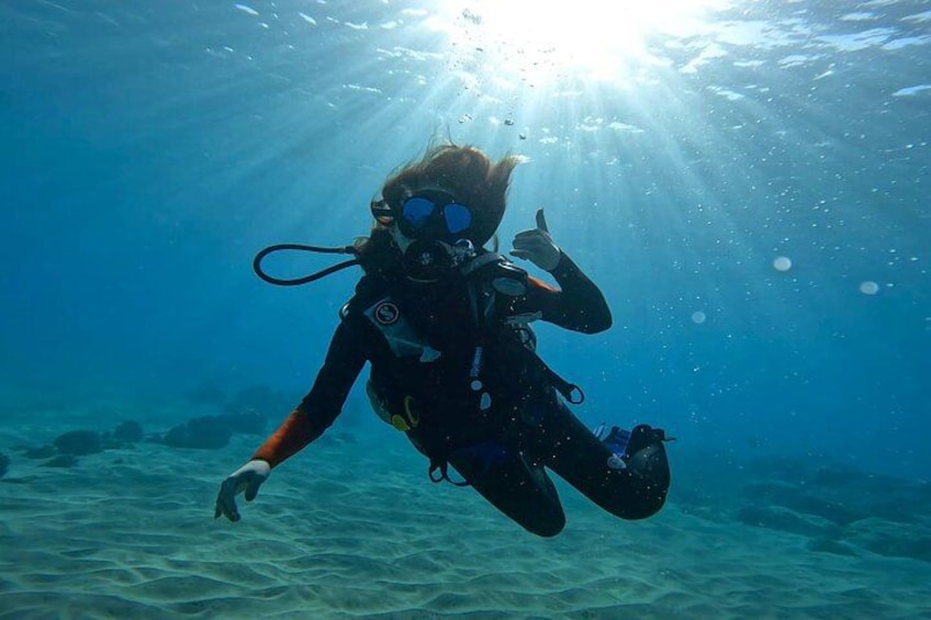 A diver underwater with sunlight filtering through the water. 2