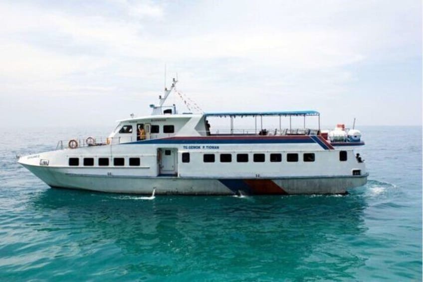 A white boat with a blue and red stripe, named "TE GENOK," on the water. 5