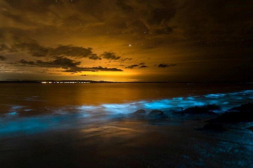 A nighttime coastal scene with a sunset, waves, and a distant cityscape. 1