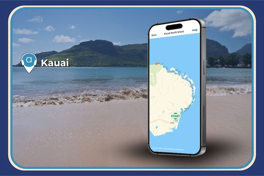 A smartphone displaying a map of Kauai with a beach and mountains in the background. 4