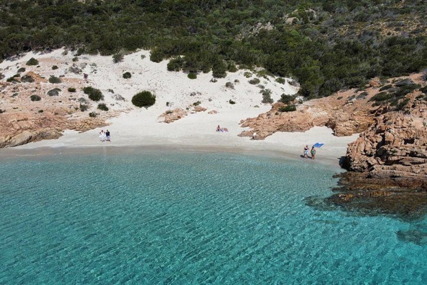 A turquoise beach with rocky outcrops and sparse vegetation. 5