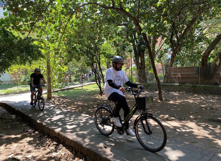 Una persona pedaleando en bicicleta por un sendero pavimentado en un parque con árboles. 2