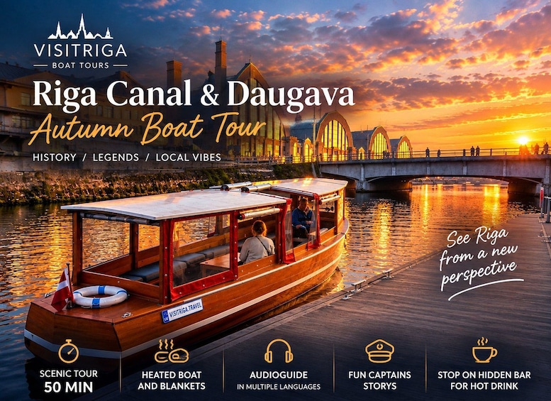Profitez d’une croisière en bateau sur le canal de Riga avec vue sur le coucher de soleil. Cette excursion panoramique dure 50 minutes et offre un bateau chauffé, un audioguide multilingue et des anecdotes racontées par le capitaine. 1