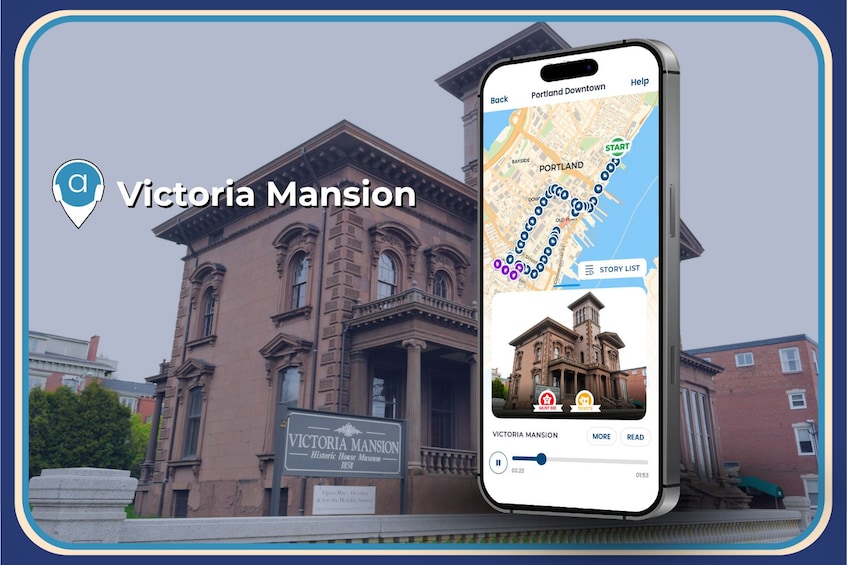 Victoria Mansion, ein historisches Hausmuseum, mit einer Karte und einem Audioguide auf einem Smartphone. 4