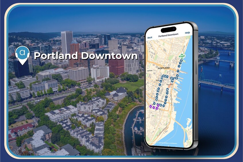 Ein Smartphone, das eine Karte von Downtown Portland mit einer Stadtansicht im Hintergrund zeigt. 5