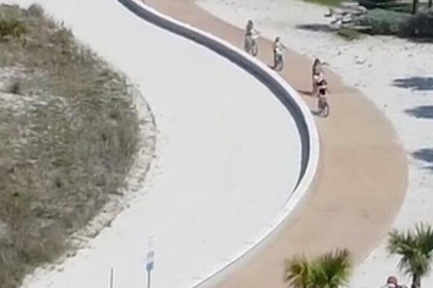 A curved pathway with a sandy edge, surrounded by sparse vegetation and a few palm trees. 2
