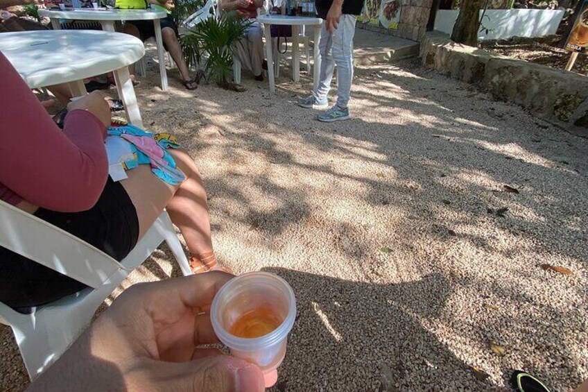 A person holding a small container with a liquid, sitting at a table outdoors with other people and tables in the background. 4