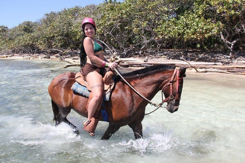 Una persona montando a caballo por agua poco profunda, rodeada de árboles y una playa. 3