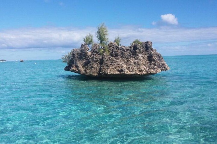 A small rocky island surrounded by clear turquoise water. 1