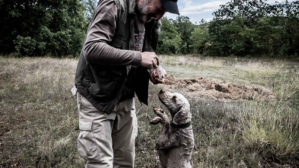 Una persona en un campo sosteniendo un frasco, con una estatua de oso al fondo. 1
