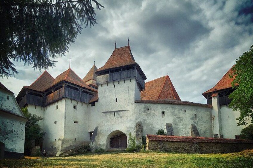 Ett slott med flera torn och en central ingång. 5