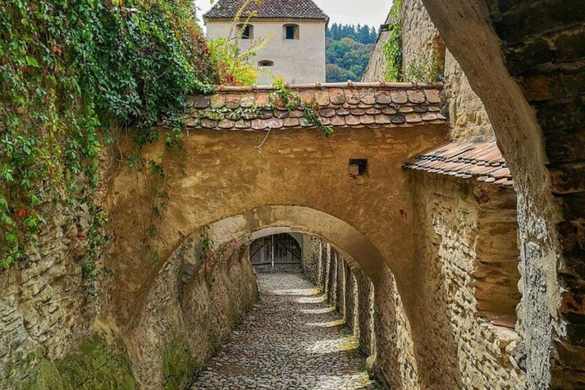 A stone bridge with an arched passageway, surrounded by stone walls and vegetation. 4