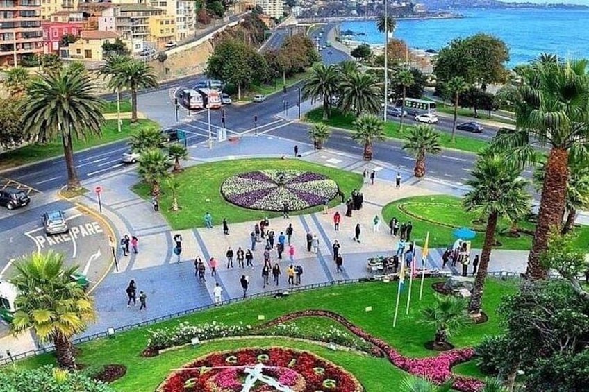 A busy intersection with palm trees, a flower garden, and a coastal view. 2