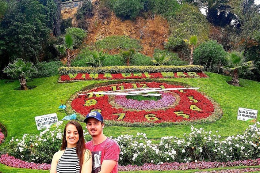 A garden with a circular flower arrangement and signs. 4