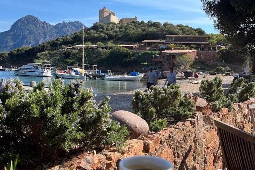 A coastal town with boats docked, a castle on a hill, and rocky terrain. 4