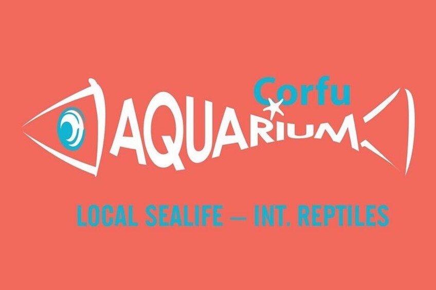 A logo with the text 'Corfu Aquarium' and 'Local Sealife - Int. Reptiles' on a red background. 3