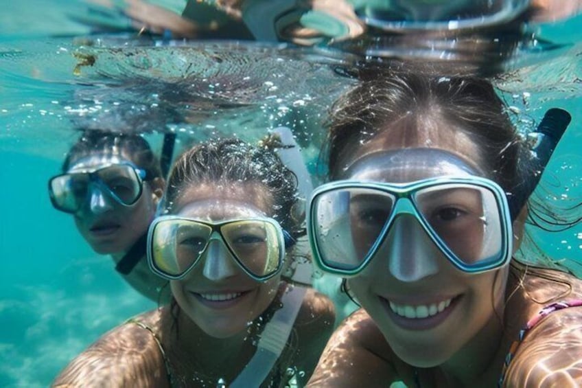 A person underwater with snorkel gear, surrounded by clear water. 1