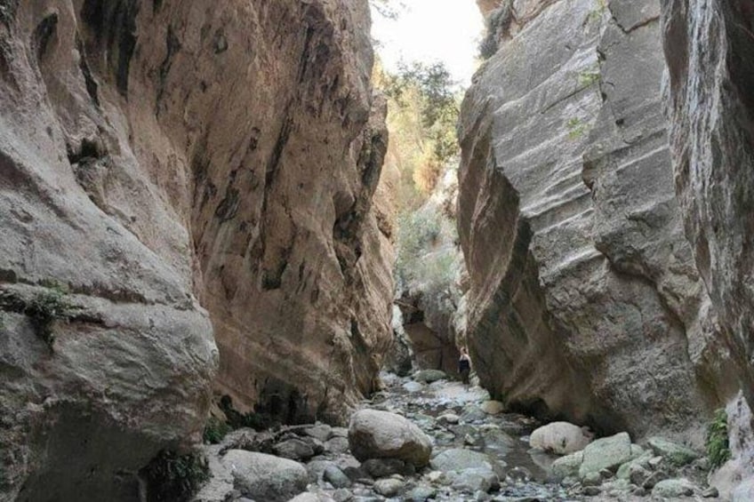 A narrow canyon with rocky walls and a stream. 1